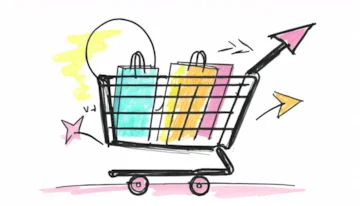 Shopping cart icon with an arrow indicating abandonment in e-commerce for 2023