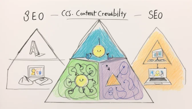 Illustration depicting the 3 Cs of SEO: Content, Code, and Credibility