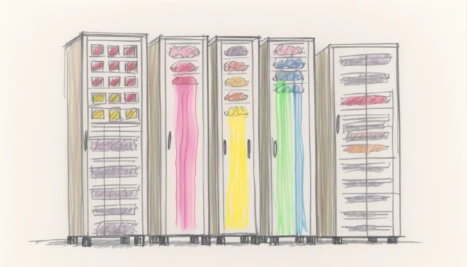 Server racks displaying real-time website monitoring statistics