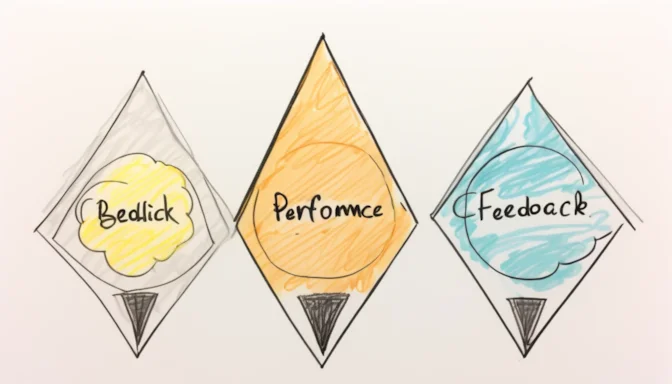 Three labeled arrows pointing to icons symbolizing performance, deviation, and feedback