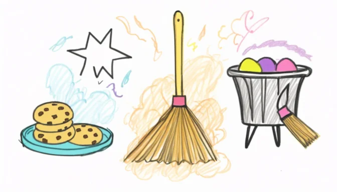 Icons representing cache and cookies with a broom sweeping them