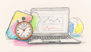 Stopwatch and laptop illustrating optimal web page load time