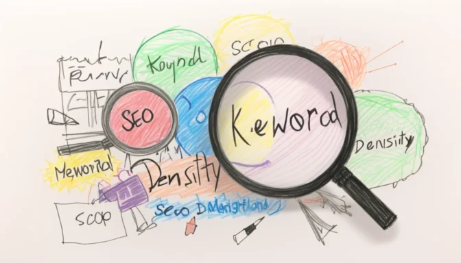 A magnifying glass focused on the term 'Keyword Density' among other SEO terms