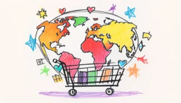 A globe connected with shopping cart symbols representing global e-commerce