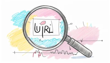 Magnifying glass analyzing a URL, highlighting the concept of URL optimization