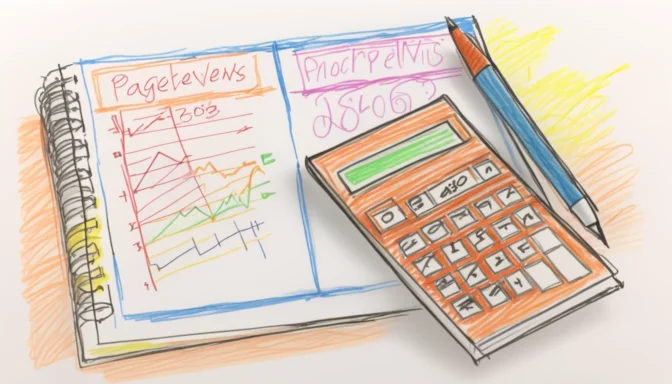 Calculator and notepad showing how to calculate pageviews