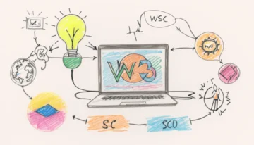 Illustration of the W3C logo and SEO-related icons, highlighting the symbiotic relationship between W3C validation and SEO optimization