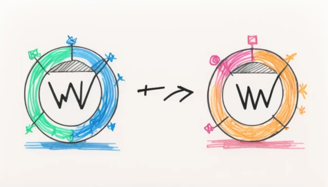 Two icons representing W3C and WWW, divided by a line to illustrate their distinct roles in web development