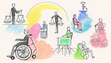 Detailed illustration featuring accessibility icons such as a wheelchair, screen reader, sign language, and legal scales, highlighting the multifaceted nature of accessibility compliance.