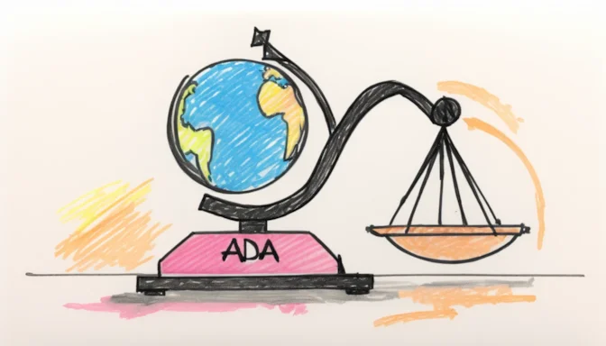 Scales balancing a symbol of ADA and a globe, portraying the scope of ADA compliance in contrast to global accessibility standards