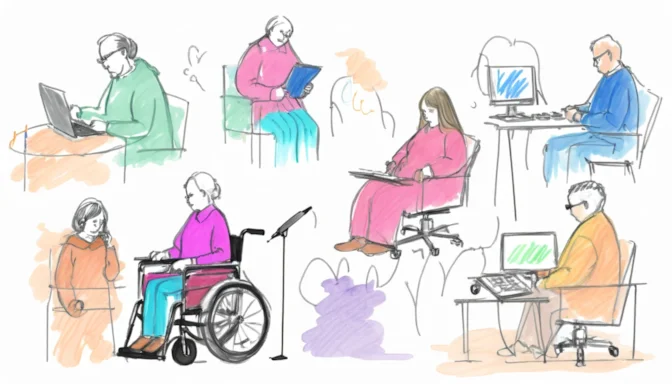 Various people using different assistive technologies such as screen readers, Braille displays, and wheelchair-accessible setups