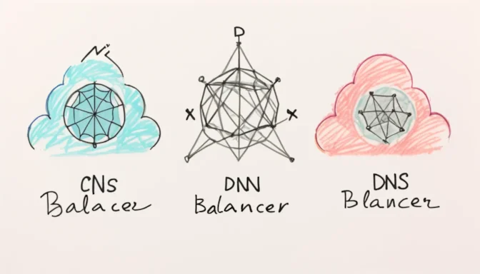 Three icons labeled CDN, Load Balancer, and DNS