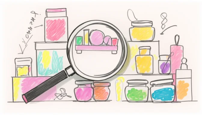 Search magnifying glass over a display of various products