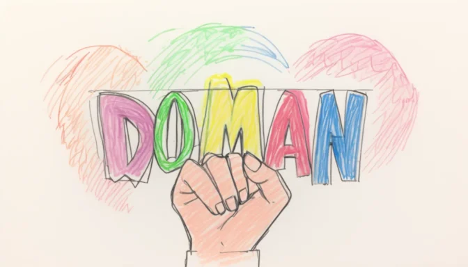 Hand holding a domain name with subdomains floating around it