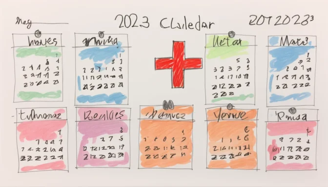 Calendar marking the year 2023 and a red cross over meta keywords