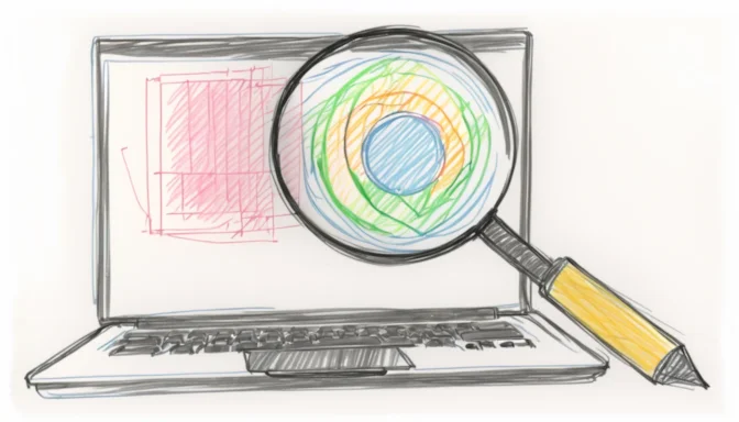 Magnifying glass over a laptop screen focusing on SERP