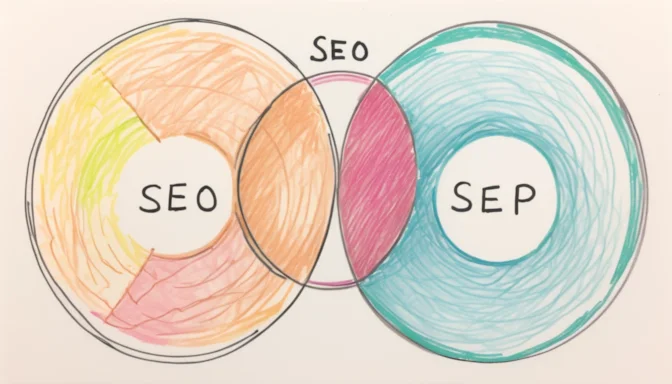 Venn diagram illustrating the difference and overlap between SEO and SERP