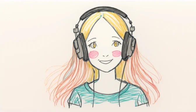 A happy listener wearing headphones