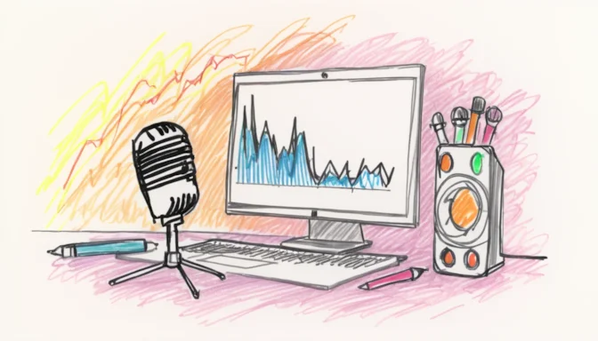 A microphone and a computer displaying podcast analytics