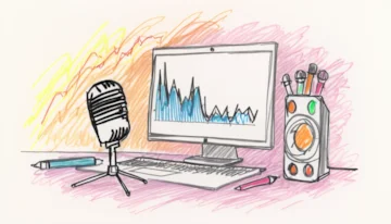 A microphone and a computer displaying podcast analytics