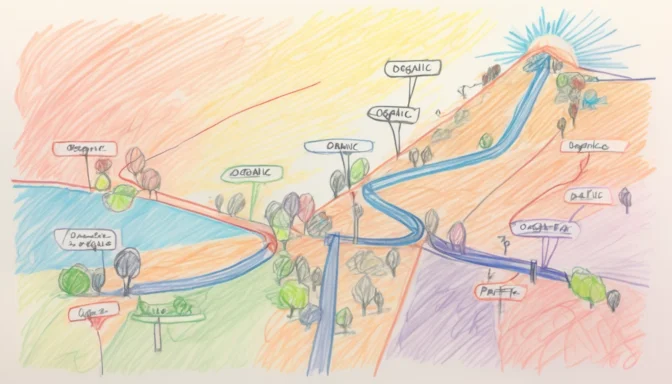 Illustration showcasing different routes labeled as organic and paid traffic leading to a website