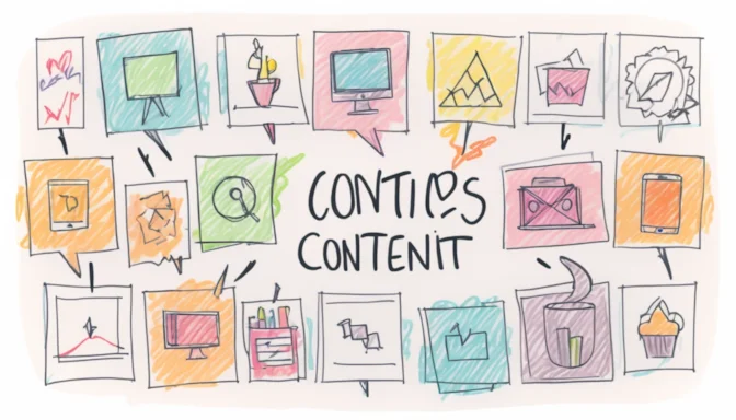 Various icons depicting different types of content marketing like articles, videos, and social media posts