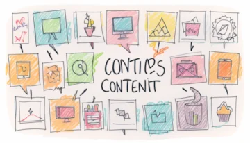 Various icons depicting different types of content marketing like articles, videos, and social media posts