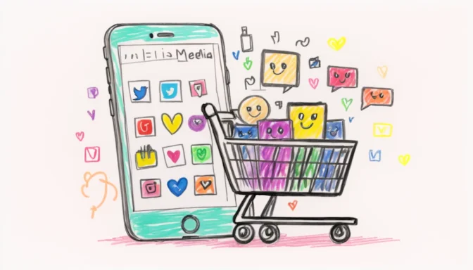 Smartphone screen displaying social media icons and a shopping cart