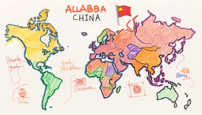 Map highlighting China and Alibaba Group logos