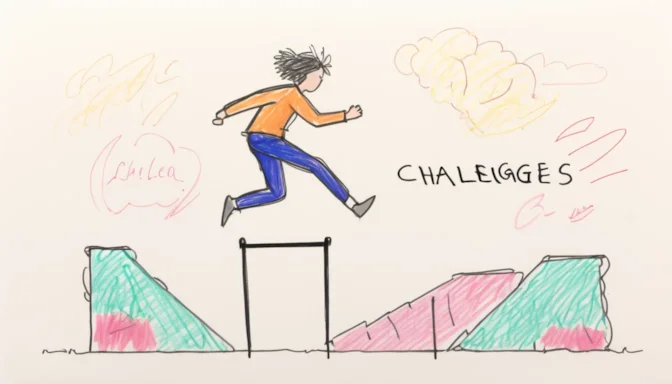 A hurdle with the word 'challenges' and a person jumping over it