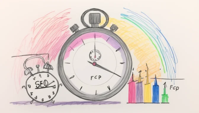 SEO ranking factors and a stopwatch showing FCP's importance