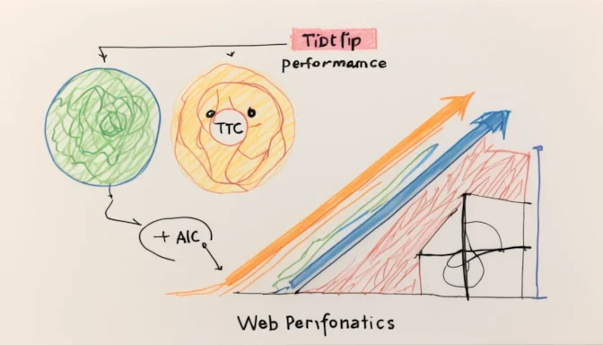 Diagram illustrating various web performance metrics including TTI, FID, and TBT