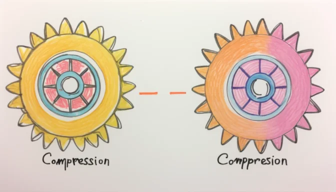 Two gears labeled 'Compression' and 'Minification' working together