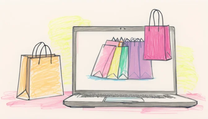 Computer and shopping bag depicting online vs in-store shopping