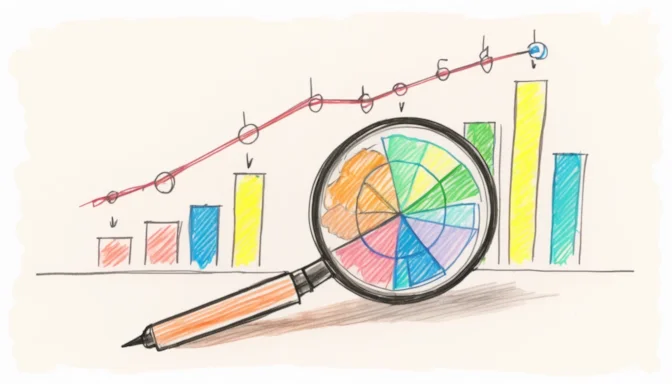 Magnifying glass over performance metrics graph