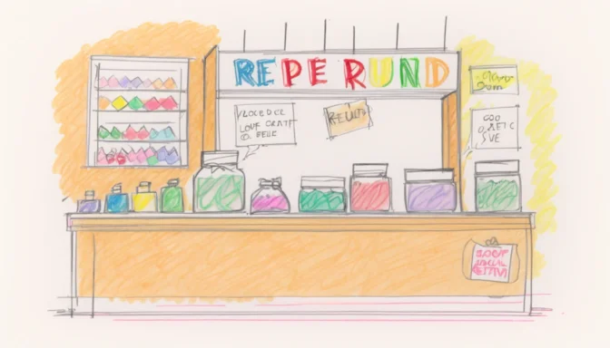 Shop counter with a return and refund sign