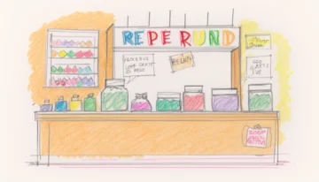 Shop counter with a return and refund sign