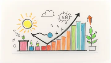 SEO related symbols like keywords, web page, and growth graph