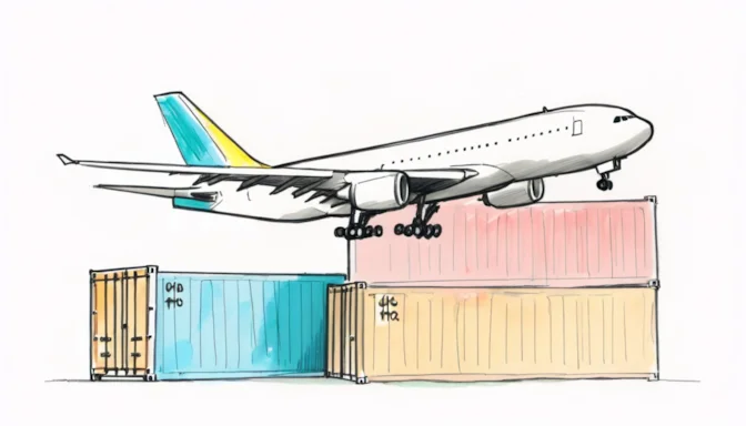 Airplane and shipping containers symbolizing air freight