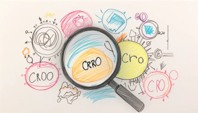 Magnifying glass highlighting the term 'CRO' among a collection of UX design terms